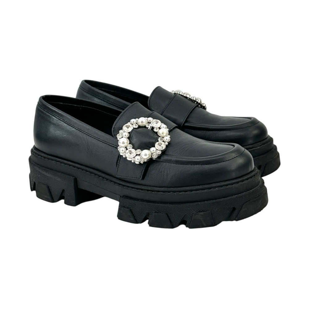 ALOHAS Trailblazer Rhinestone Embellished Black Leather Platform Loafers sz 40